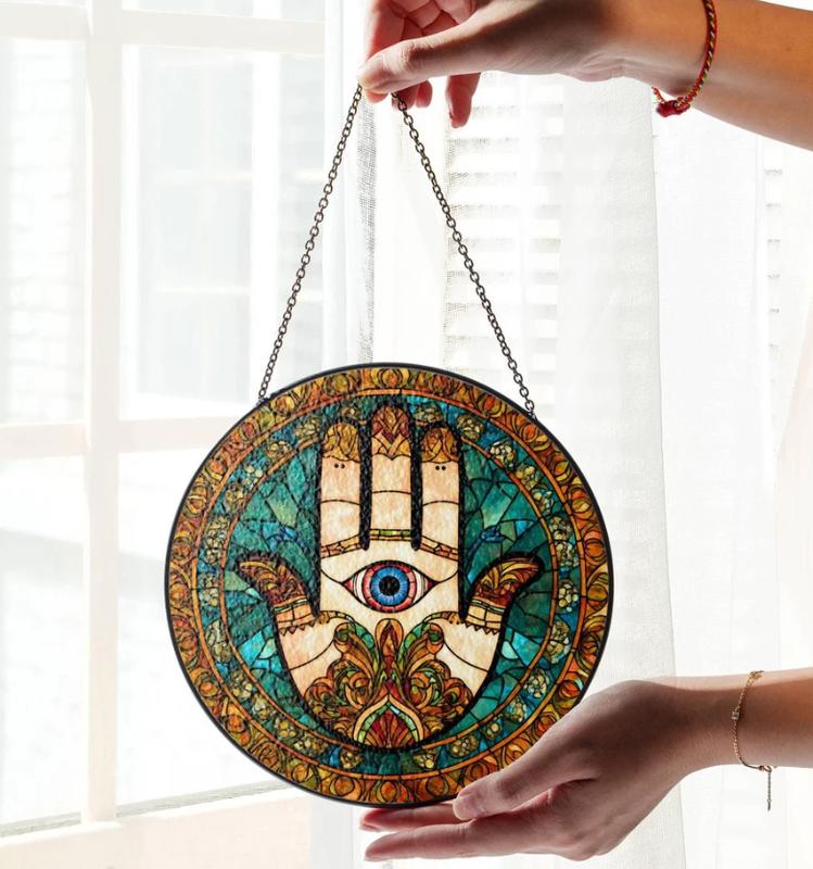 Hamsa Hand Stained Glass Hand of Fatima SunCatcher Light Catcher Window Hanging Protection Charm Home Decoration Hand of Miriam with Eye