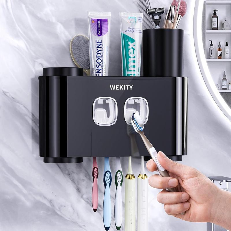 Toothbrush Holder Wall Mounted, Multi-Functional Toothbrush Holder,Toothpaste Dispenser for Bathroom with 5 Toothbrush Slots, 2 Toothpaste Squeezers and 4 Cups