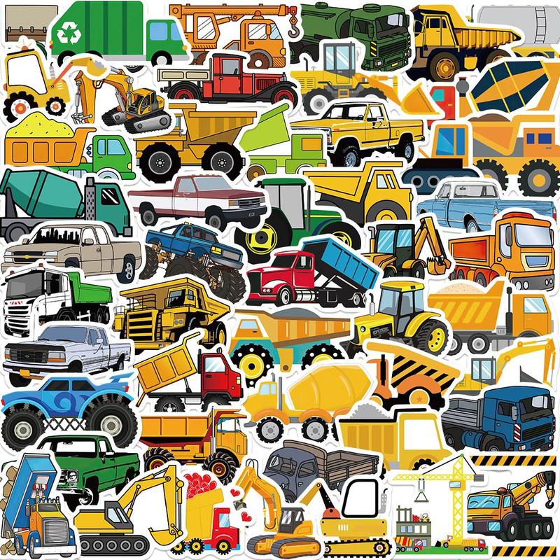 Cartoon Construction Truck Pattern Sticker (50pcs), Self Adhesive Decorative Sticker, DIY Decals for Water Bottle, Laptop, Phone Case