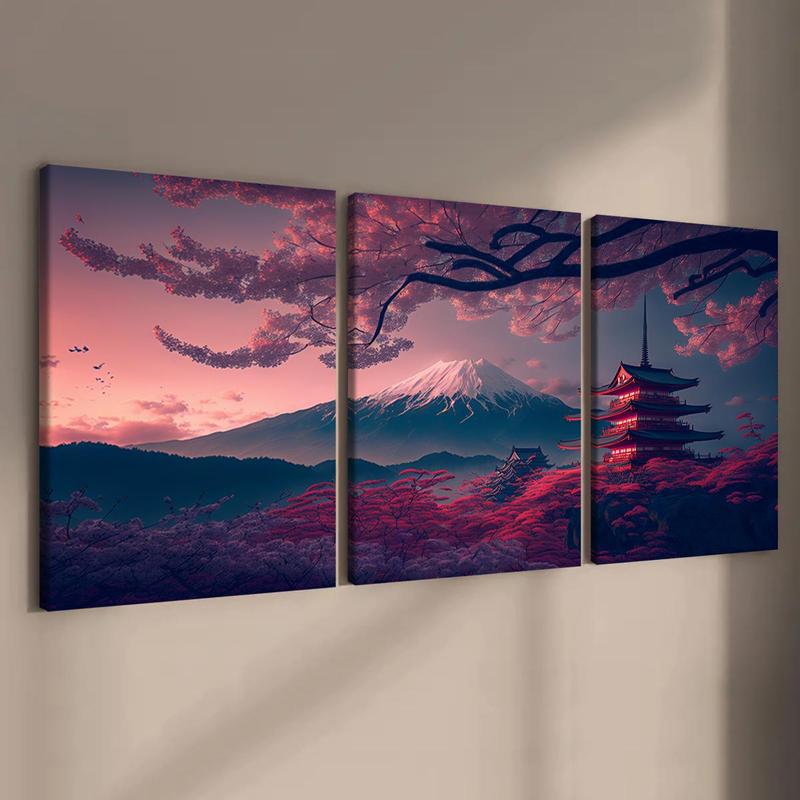 Wooden Framed Canvas Painting, 3 Counts set Japanese Style Scenery Canvas Poster, Modern Art Wall Decoration, Home Canvas Art Wall Decor, Wall Art Painting  Room Decor