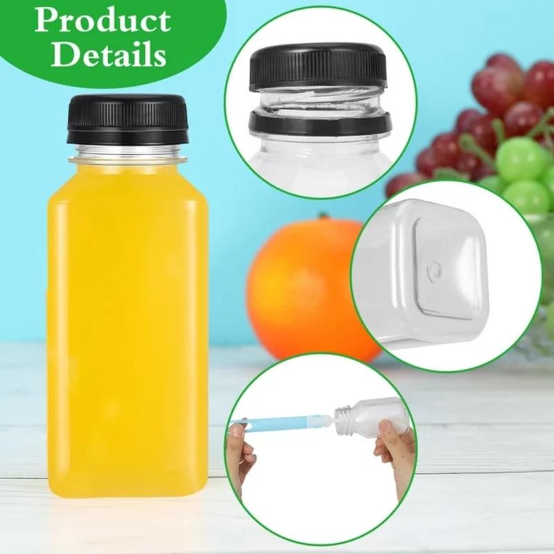 16Pcs 8oz Plastic Empty Juice Bottles with Lids, Reusable with Funnel and Brush, Clear Containers with Black Tamper Evident Caps