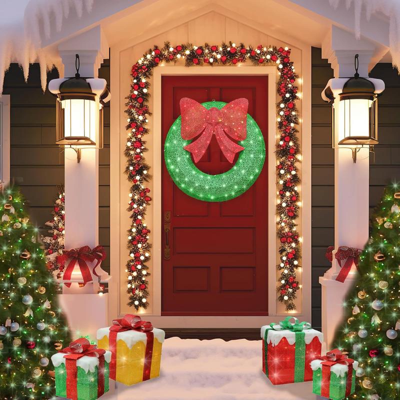 Recaceik 35in Lighted Outdoor Christmas Wreath Decoration Set of 2, Front Door Lighted Wreath Decorations for Christmas Home Yard, Green+White