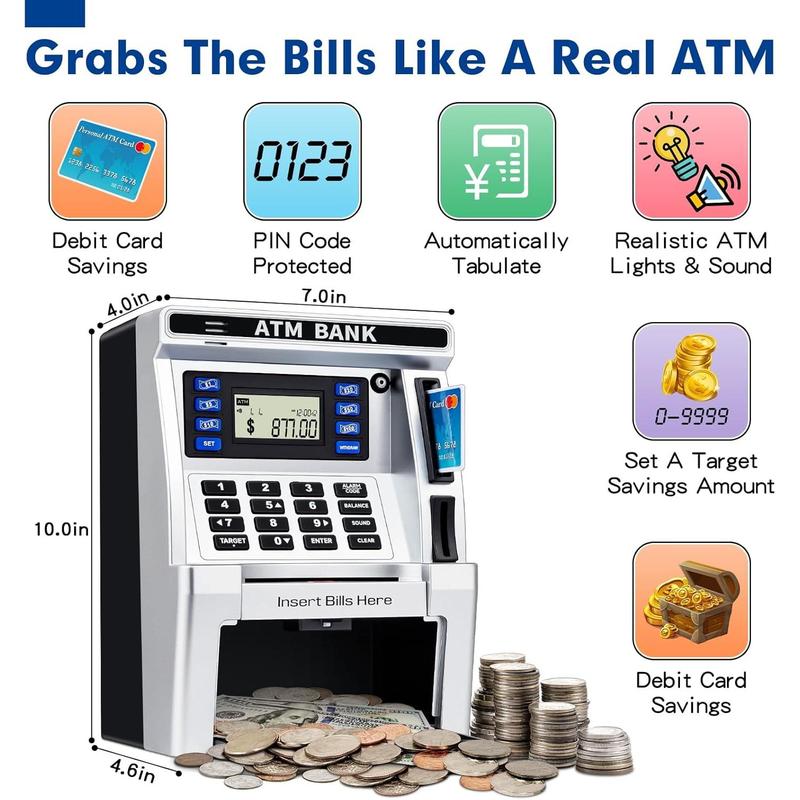 ATM Piggy Bank for Kids, ATM Machine for Real Money with Debit Card, Bill Feeder, Coin Recognition, Balance Calculator, Electronic Savings Safe Box, Gifts for Teen Boys Girls