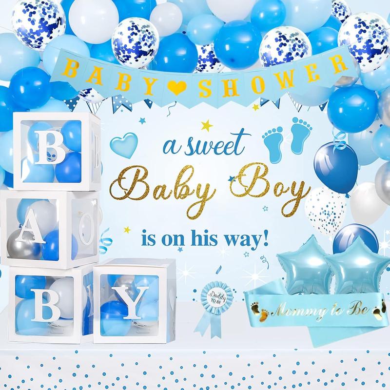 Baby Shower Decorations for Boy, Blue Baby Party Decor Kit with Balloons Boxes, Blue Balloon Garland Backdrop Banner and Tablecloth and Baby Shower Sash, Baby Boy Shower Decorations