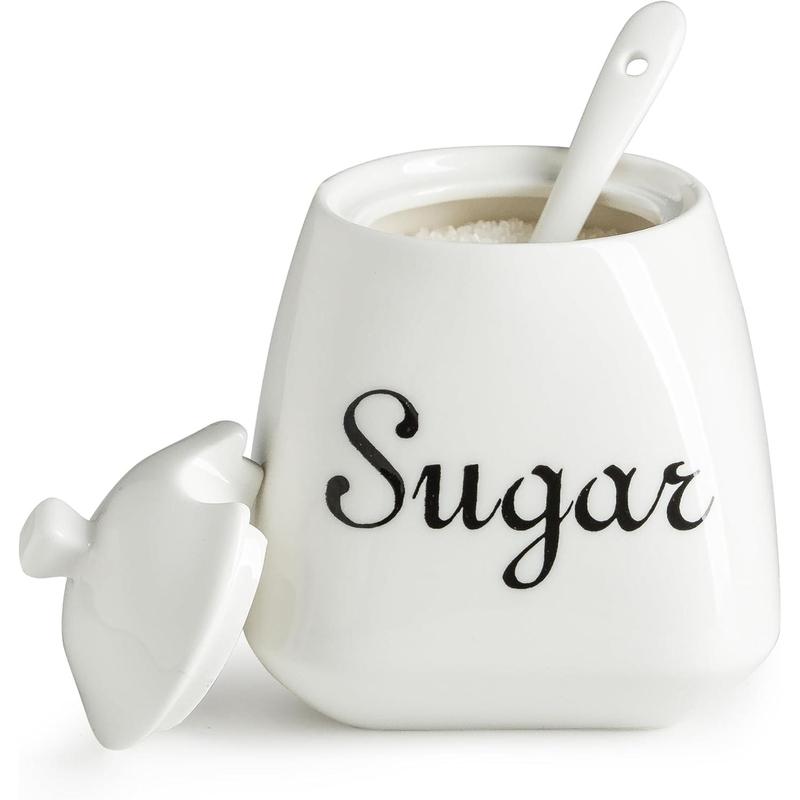 Sugar Bowl, Sugar Container with Lid and Spoon 13 Ounces, Ceramic Sugar Bowl for Kitchen, Coffee Bar, Countertop, Kitchen Decor, White