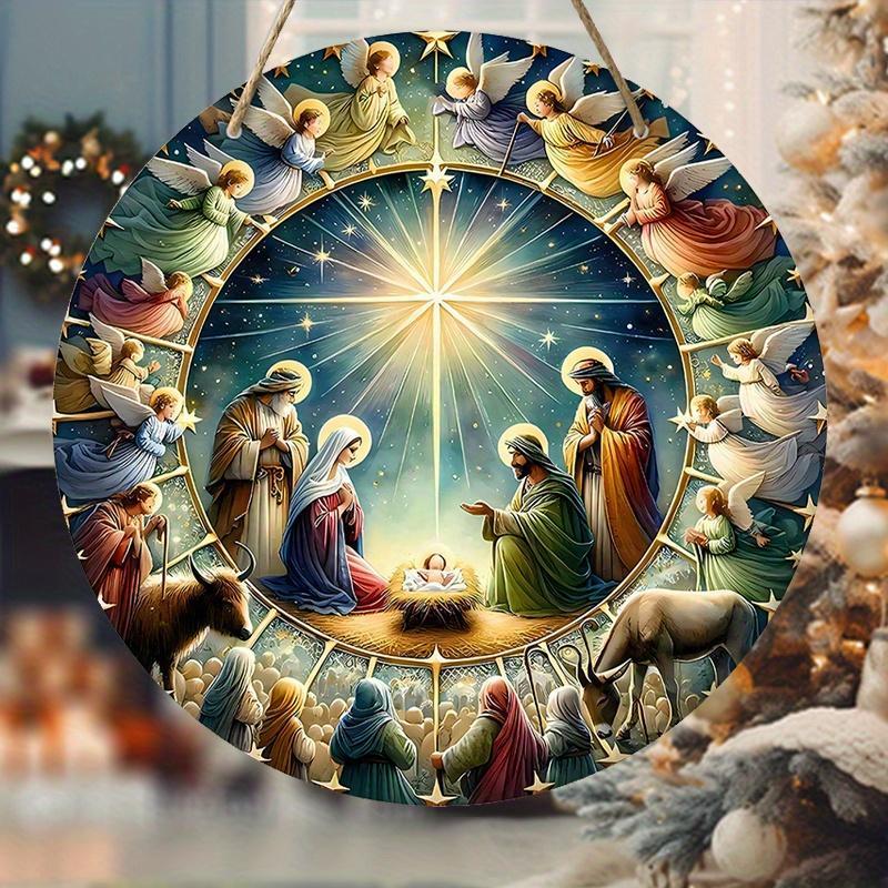 Christmas Wooden Nativity Scene Sign, 1 Count Round Hanging Decor, Wall Hanging Decor for Home Living Room Bedroom Church Door, Ideal Gifts for Christian