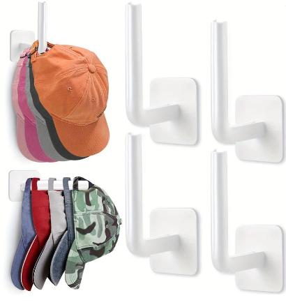 Wall Mounted Hat Storage Hook, 4 Counts Self Adhesive Hat Holder, Multifunctional Home Organizer for Entryway, Bathroom, Bedroom display rack