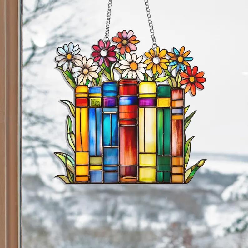 Christmas Book Acrylic Suncatcher Hanging, Library Books Window Hanging, Book Club Gift, Book Lover Gift, Librarian Gift, Bookish Library