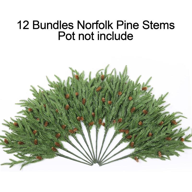 Artificial Christmas Norfolk Pine Stems Branches for Vases, 12 Bundles Fake Faux Evergreen Green Real Feel Touch Stem Greenery with Pine Cones for Xmas Holiday Winter Table Indoor Decoration