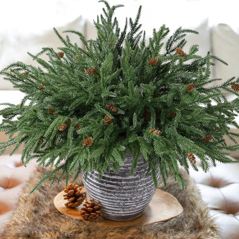 Artificial Christmas Norfolk Pine Stems Branches for Vases, 12 Bundles Fake Faux Evergreen Green Real Feel Touch Stem Greenery with Pine Cones for Xmas Holiday Winter Table Indoor Decoration