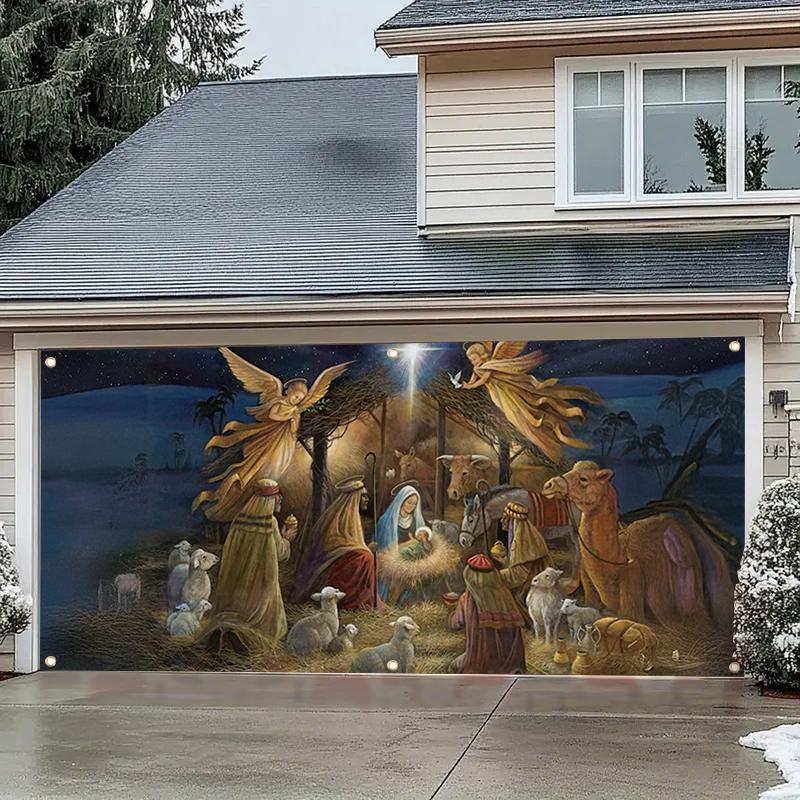 Christmas Themed Garage Door Cover,  1 Count Windproof and Snowproof Garage Door Banner, Outdoor Holiday Decoration for Home Garden Yard