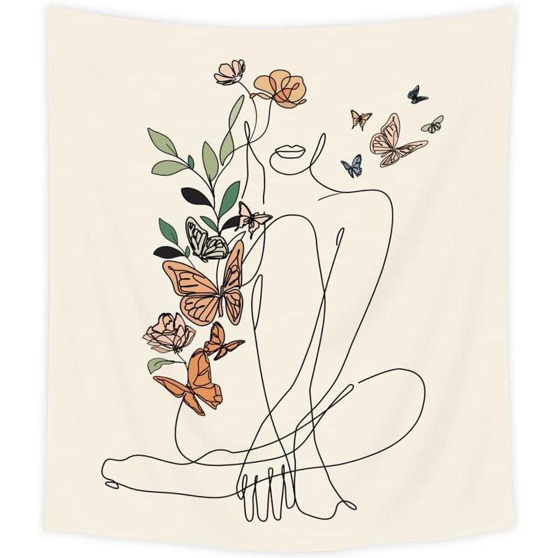 Abstract Woman Butterfly Fabric Wall Hanging Tapestry 51Wx59H Inch Minimalist Modern Flower Plant Mid Century Terracotta Aesthetic Portrait Beige Home Decor Art for Living Room Bedroom Dorm