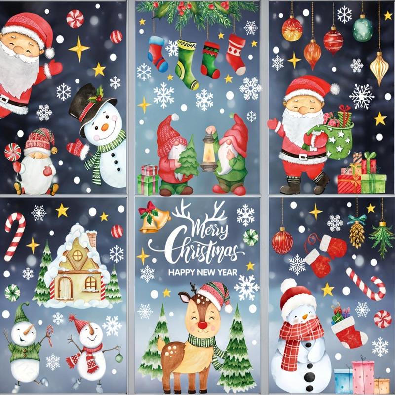 Christmas Themed Window Clings, 10 Sheets set Cartoon Pattern Window Decals, Winter Window Glass Decor for Home Party Holiday