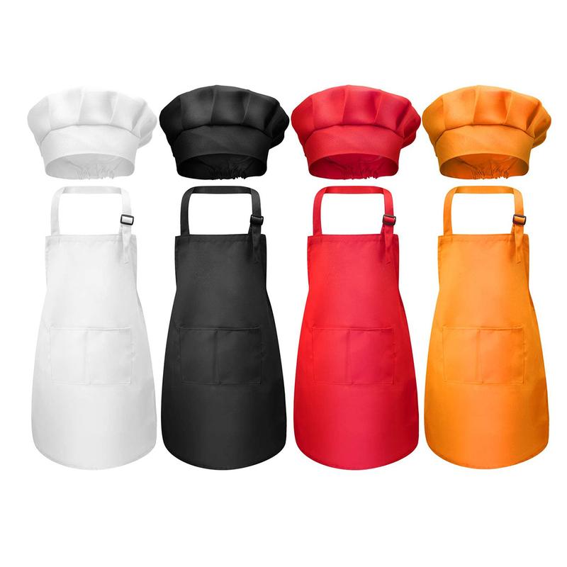 Child Craft Apron and Hat Set Solid Color Front Pocket Bib Apron + Elastic Band Cooking Cap