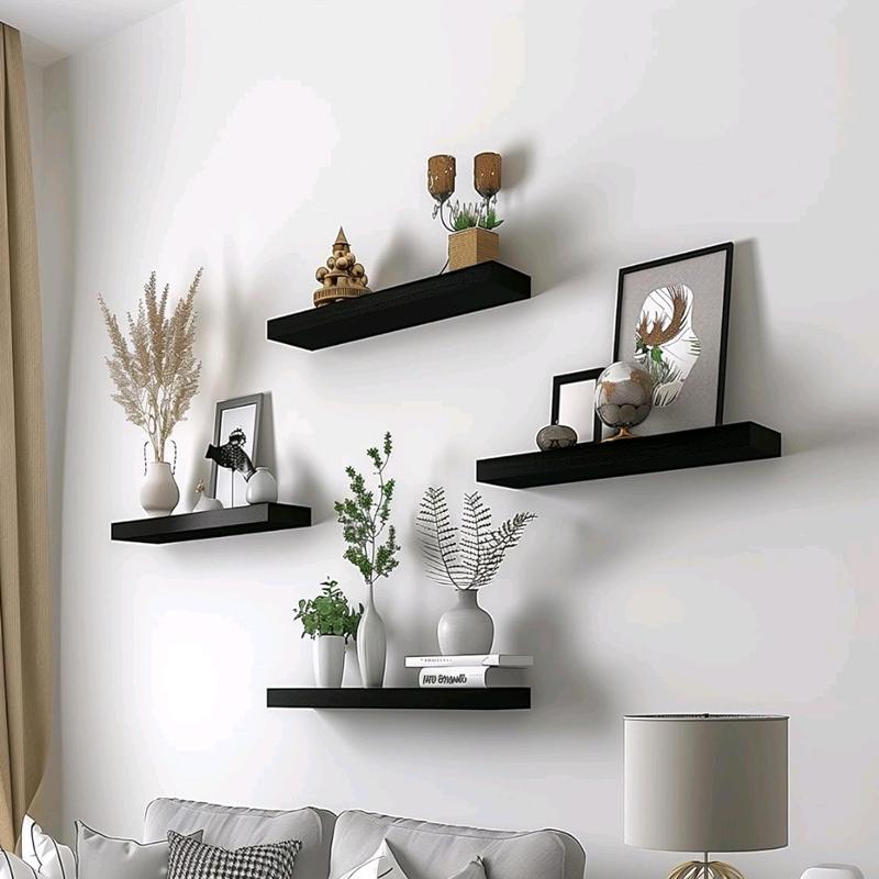 Wood Floating Shelves for Wall, Wooden Wall Shelves for Bedroom, Set of 6 Black 17 Inch