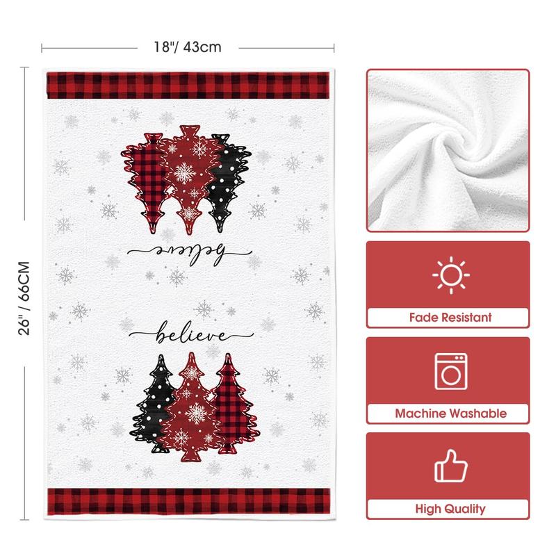 Red Pine Trees Merry Christmas Kitchen Towels Dish Towels, 18x26 Inch Believe Winter Xmas Holiday Decoration Hand Towels Set