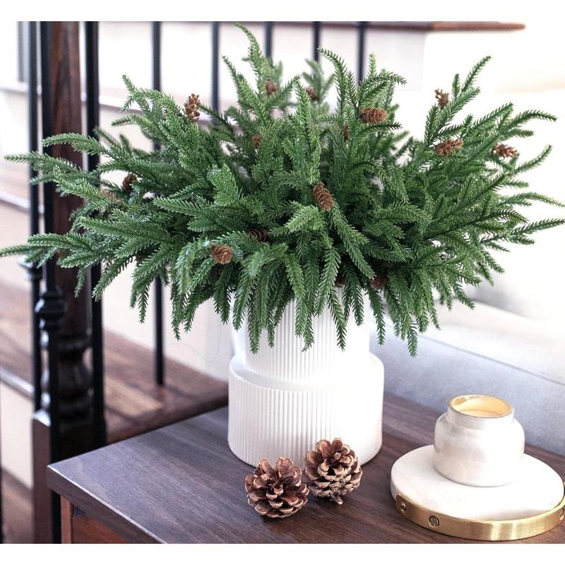 Artificial Christmas Norfolk Pine Stems Branches for Vases, 12 Bundles Fake Faux Evergreen Green Real Feel Touch Stem Greenery with Pine Cones for Xmas Holiday Winter Table Indoor Decoration