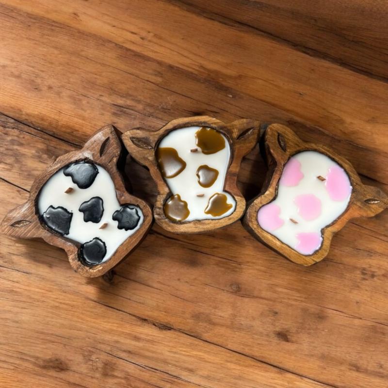 Original Mini Wooden Wick Vegan and Soy Cow Head Dough Bowl Candle cowprint Decor Hand