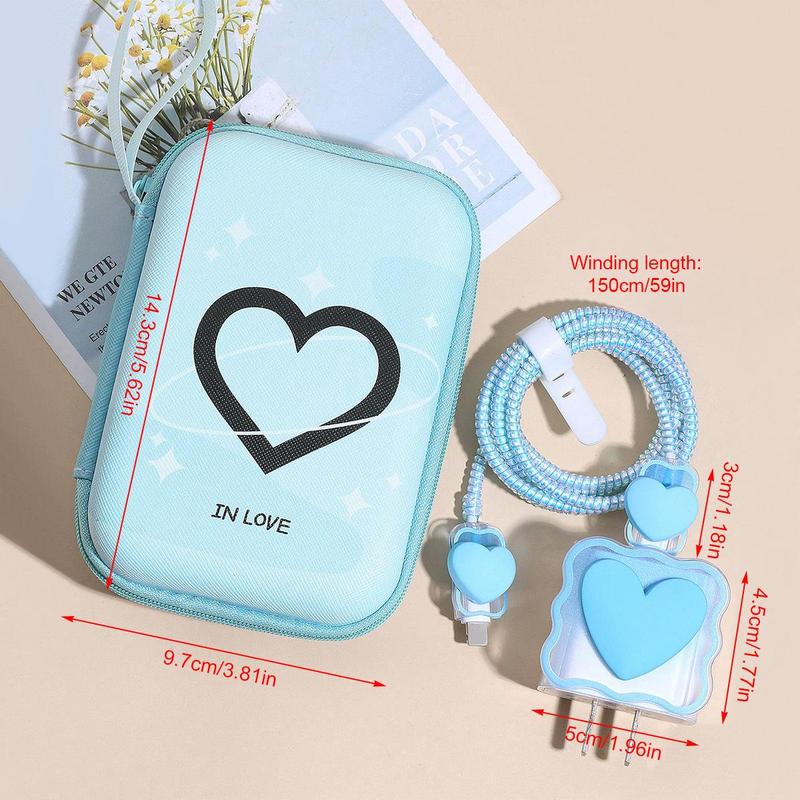 Heart Shaped Data Cable Storage Bag & Data Cable Protector Set, Storage Bag & Anti-breaking Data Cable & Charger Protector Set