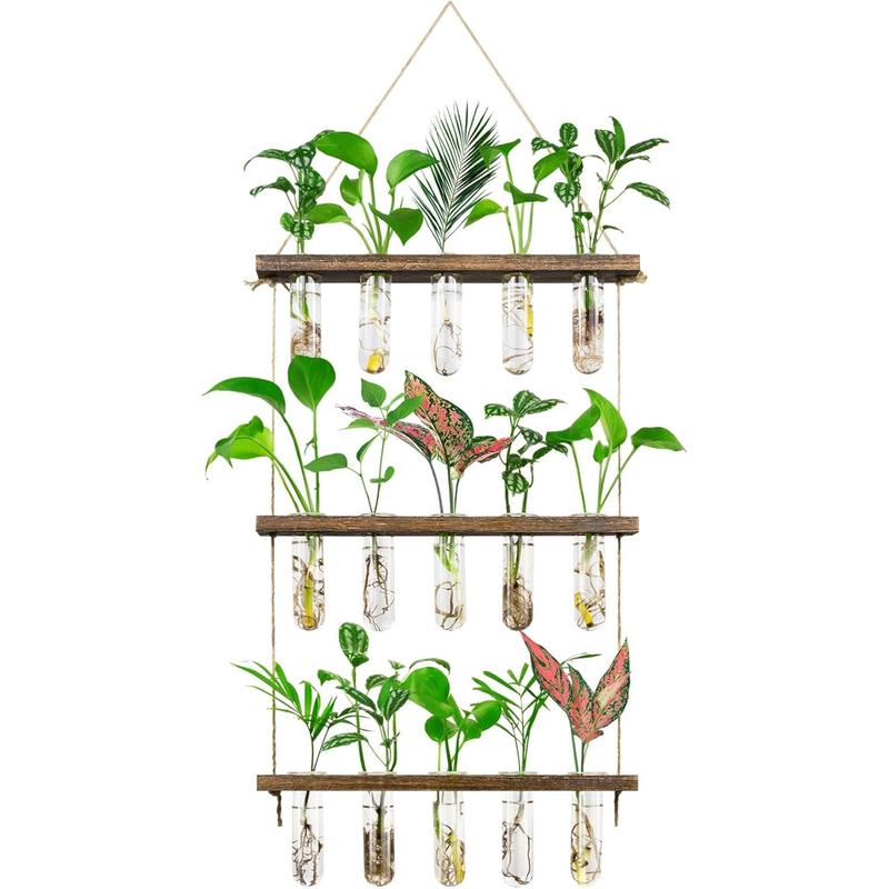 3 Tier Large Propagation Stations Wall Hanging  Terrarium with Wooden Stand, Retro Propagation Test Tube for Hydroponic   Flower, Propagator Home Office Patio Decor Gifts