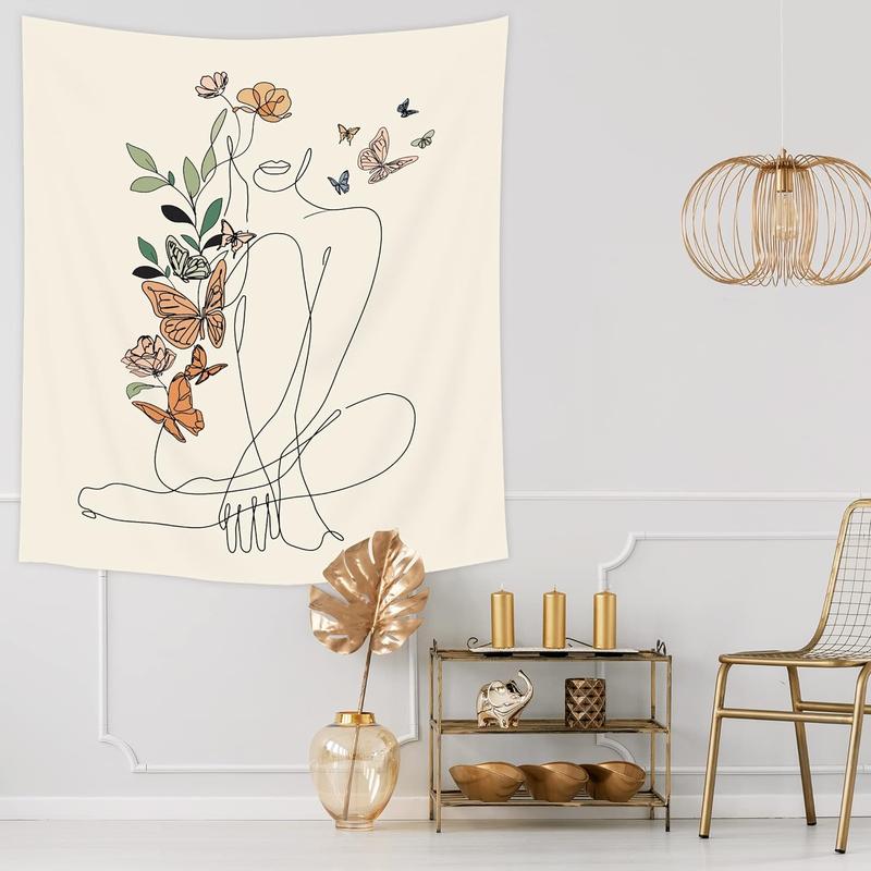 Abstract Woman Butterfly Fabric Wall Hanging Tapestry 51Wx59H Inch Minimalist Modern Flower Plant Mid Century Terracotta Aesthetic Portrait Beige Home Decor Art for Living Room Bedroom Dorm