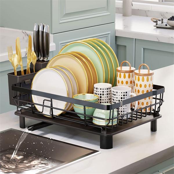 Iron Dish Drying Rack with Drainboard Dish Drainers for Kitchen Counter Sink Adjustable Spout Dish Strainers with Utensil Holder and Knife Slots dishdryerrack