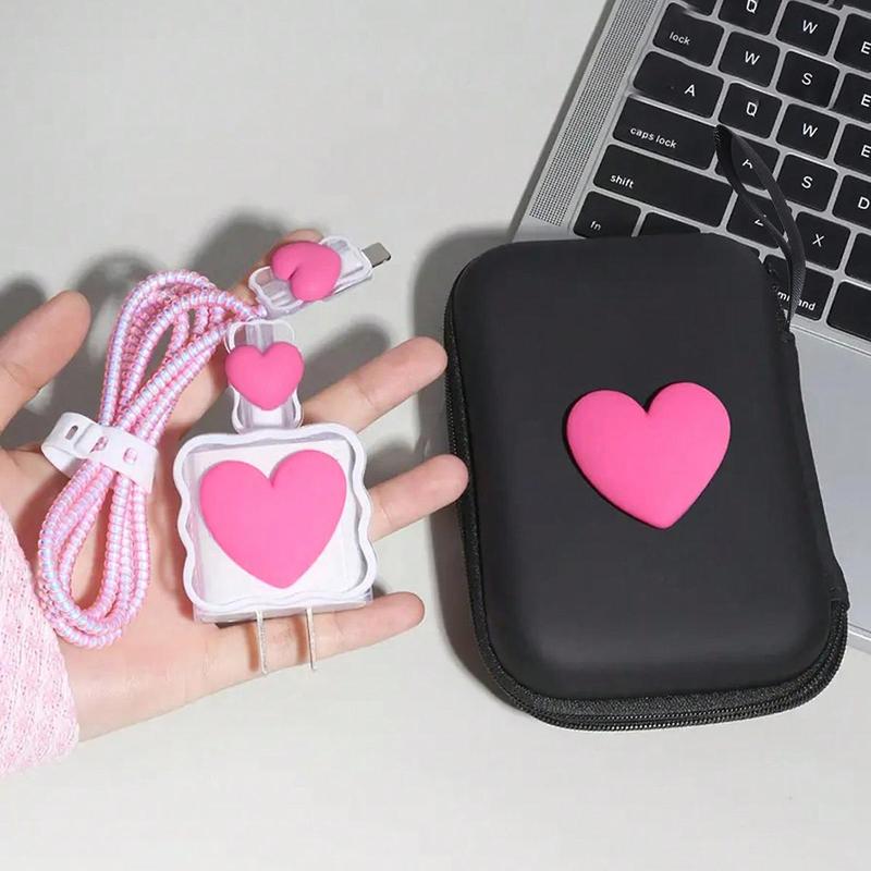 Heart Shaped Data Cable Storage Bag & Data Cable Protector Set, Storage Bag & Anti-breaking Data Cable & Charger Protector Set