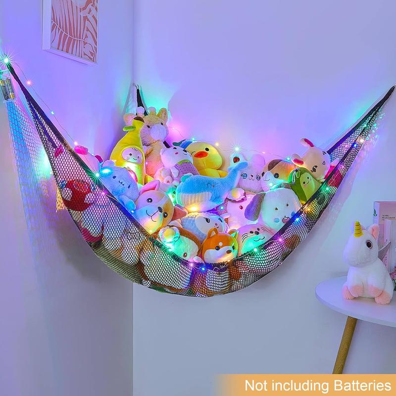 Stuffed Animals Storage with LED Light Room Decor Stuffed Animals Hammock Corner   Storage Organizer Wall Decor Net for Stuffed Animals, Black