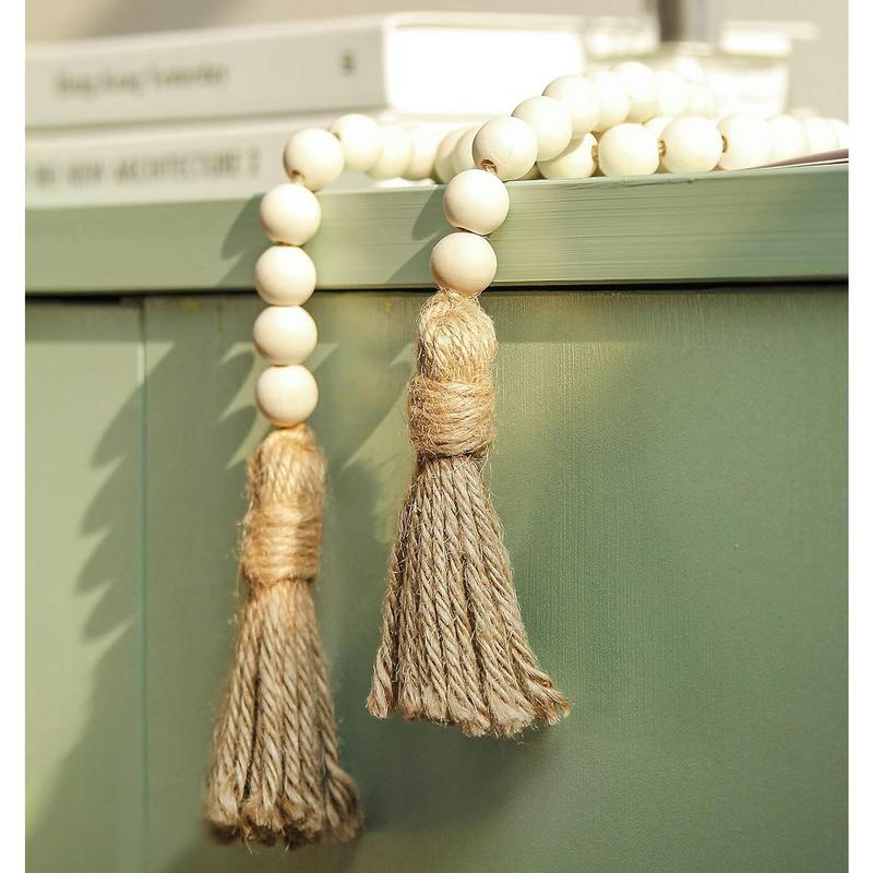 39in Wood Bead Garland Farmhouse with Tassels,Versatile Prayer Beads Boho Chic Wall Hanging Home Decor(Natural)