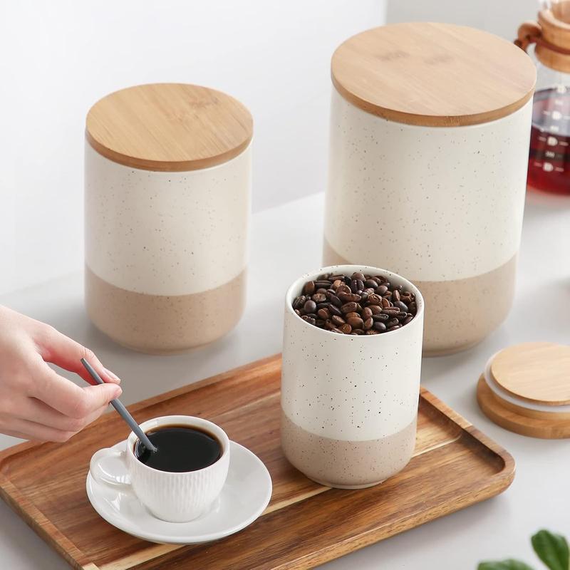 vancasso Sabine Canister Sets for Kitchen, 3 Pieces Ceramic Kitchen Canisters for Countertop with Airtight Wood Lids, Large Flour and Sugar Containers for Coffee, Tea, Spice