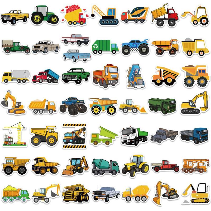 Cartoon Construction Truck Pattern Sticker (50pcs), Self Adhesive Decorative Sticker, DIY Decals for Water Bottle, Laptop, Phone Case