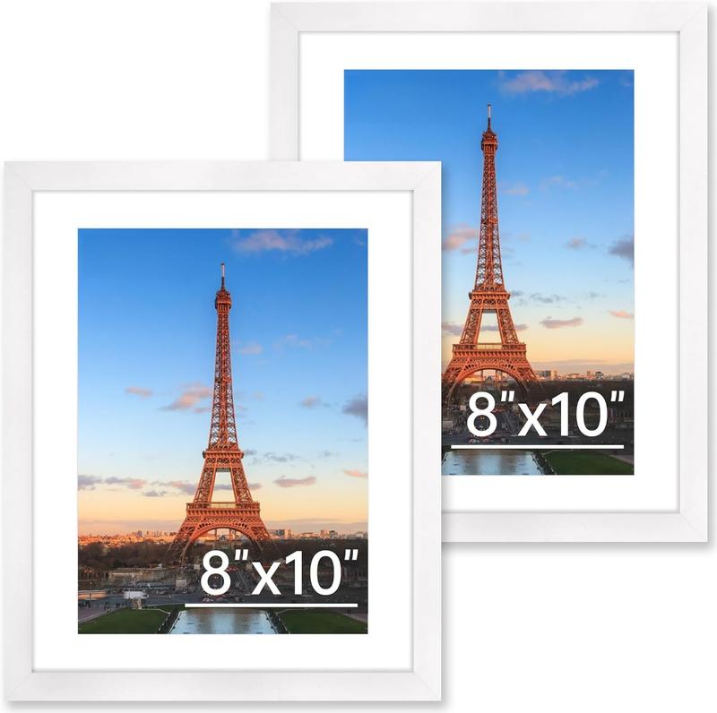 8x10 Picture Frame Set of 2, Photo Frame with HD Plexiglass, Display Pictures 5x7 with Mat or 8x10 Without Mat, White Picture Frames Collage for Tabletop or Wall Display