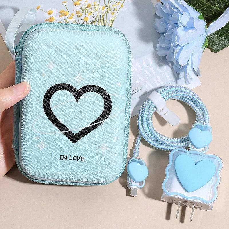 Heart Shaped Data Cable Storage Bag & Data Cable Protector Set, Storage Bag & Anti-breaking Data Cable & Charger Protector Set