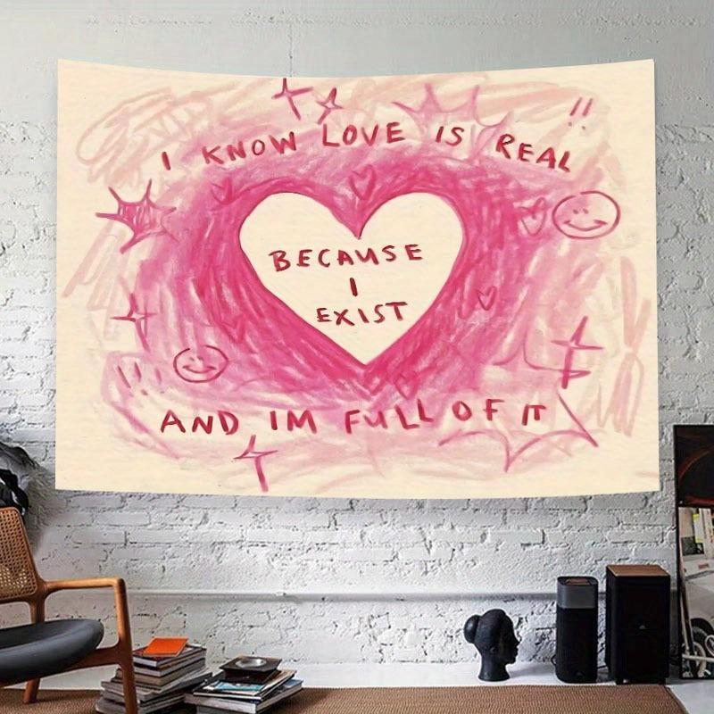 Heartfelt Love Quote Tapestry, Inspirational Pink Polyester Wall Art, Wall Hanging Decor for Living Room, Dorm Decor, Home Decor