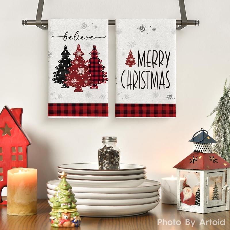 Red Pine Trees Merry Christmas Kitchen Towels Dish Towels, 18x26 Inch Believe Winter Xmas Holiday Decoration Hand Towels Set