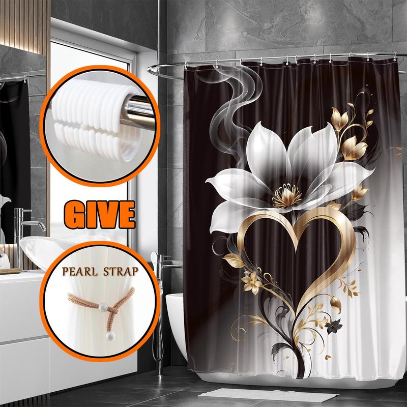 Floral Pattern Bathroom Curtain, 1 Count Waterproof Shower Curtain with 12pcs Hooks & 1 Count Random Color Strap, Bathroom Decor Supplies for Home Hotel