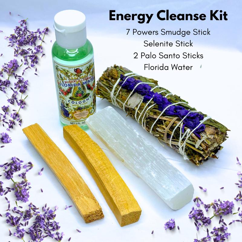 6 Piece Energy Cleanse Kit with 2 Palo Santo Sticks, 1 Seven Powers Herb Smudge Stick, 2 oz bottle Florida Water, Selenite Stick & Hand Made Beaded Pendant with Charm Necklace