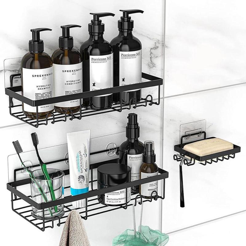 Stainless Steel Shower Caddy, 3 Counts set Punch-free Adhesive Multifunctional Shower Shelf, Wall Mounted Bathroom Organizer for Shampoo, Soap and More, Summer Gift Ideas, Storage Holder for Home Bathroom Washroom Dormitory