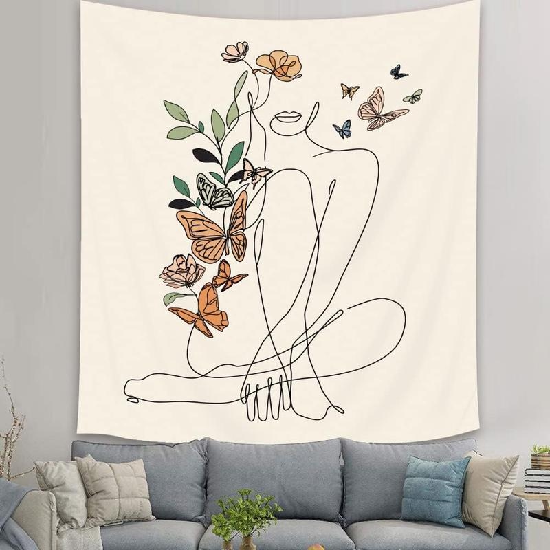 Abstract Woman Butterfly Fabric Wall Hanging Tapestry 51Wx59H Inch Minimalist Modern Flower Plant Mid Century Terracotta Aesthetic Portrait Beige Home Decor Art for Living Room Bedroom Dorm