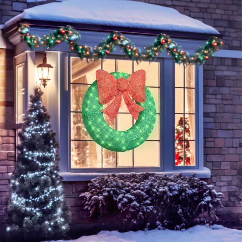 Recaceik 35in Lighted Outdoor Christmas Wreath Decoration Set of 2, Front Door Lighted Wreath Decorations for Christmas Home Yard, Green+White