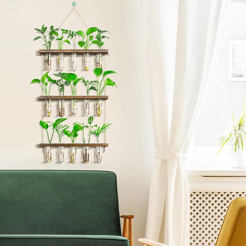 3 Tier Large Propagation Stations Wall Hanging  Terrarium with Wooden Stand, Retro Propagation Test Tube for Hydroponic   Flower, Propagator Home Office Patio Decor Gifts