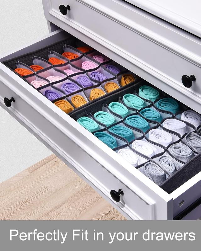 2 Pack Sock Drawer Organizer, 24+24 Cell Fabric  Underwear Drawer Organizer Divider  for Storing Socks, Underwear, Ties, Dark Grey Boxes