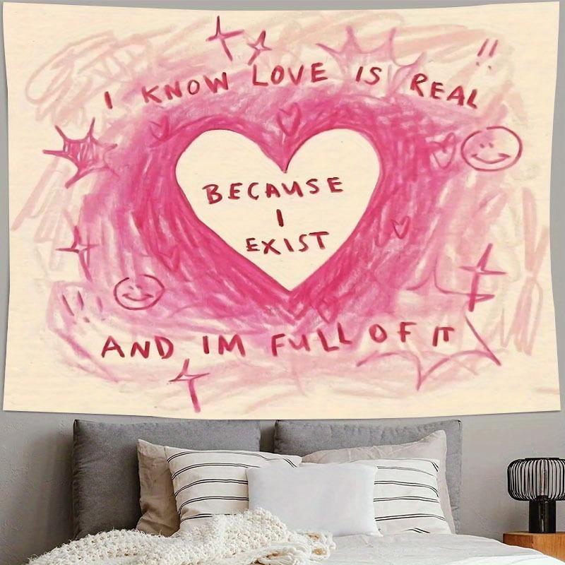 Heartfelt Love Quote Tapestry, Inspirational Pink Polyester Wall Art, Wall Hanging Decor for Living Room, Dorm Decor, Home Decor