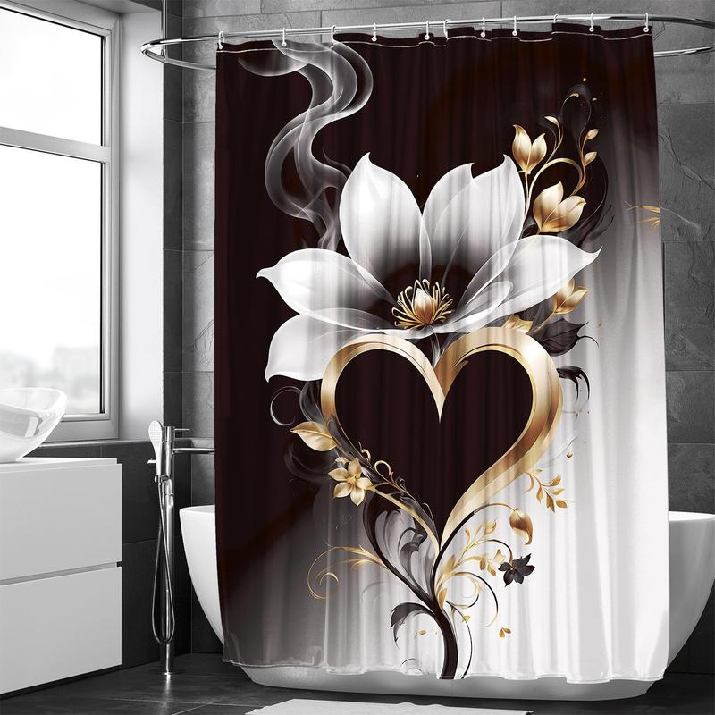 Floral Pattern Bathroom Curtain, 1 Count Waterproof Shower Curtain with 12pcs Hooks & 1 Count Random Color Strap, Bathroom Decor Supplies for Home Hotel