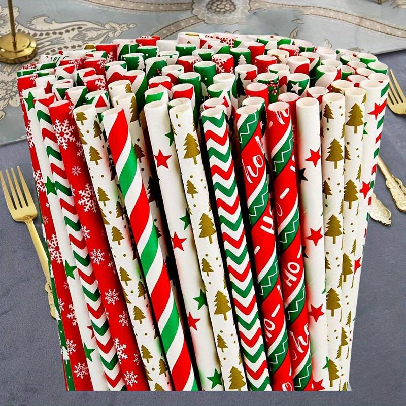 Disposable Paper Straws, 25 100pcs Random Color Christmas Themed Party Straws, Party Supplies for Home Kitchen Picnic Wedding