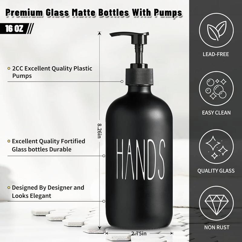 2 Pack Black 16 Oz Glass Soap Dispenser with Pumps, Premium Set for Sink and Farmhouse Decor - Hand & Dish Soap Dispensers