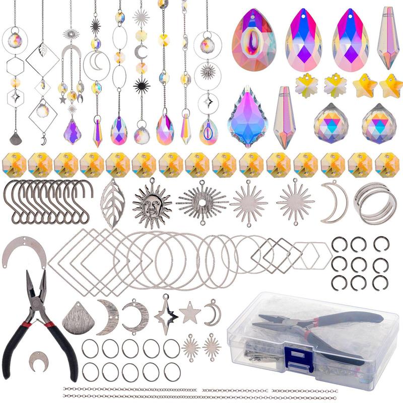 DIY Sun Catcher Kit, 1 Set Including Crystal Prism Pendant & Beading Wire & Chain & Hook, Decorative Hanging Decor for Window & Garden & Festival Decoration