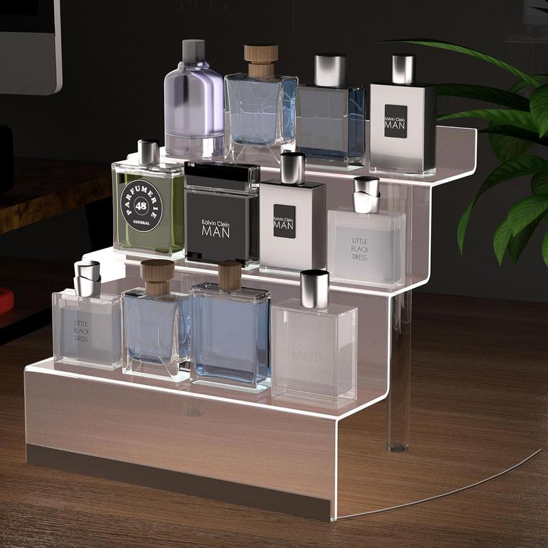 updated version Large Acrylic Display Organizer with LED Light-3 Layers Perfume Stand and Display Step Rack, Men's Cologne Storage Rack, Character Rack, Porta Perfume Para Tocador, Transparent Riser, Dessert Rack acrylic display