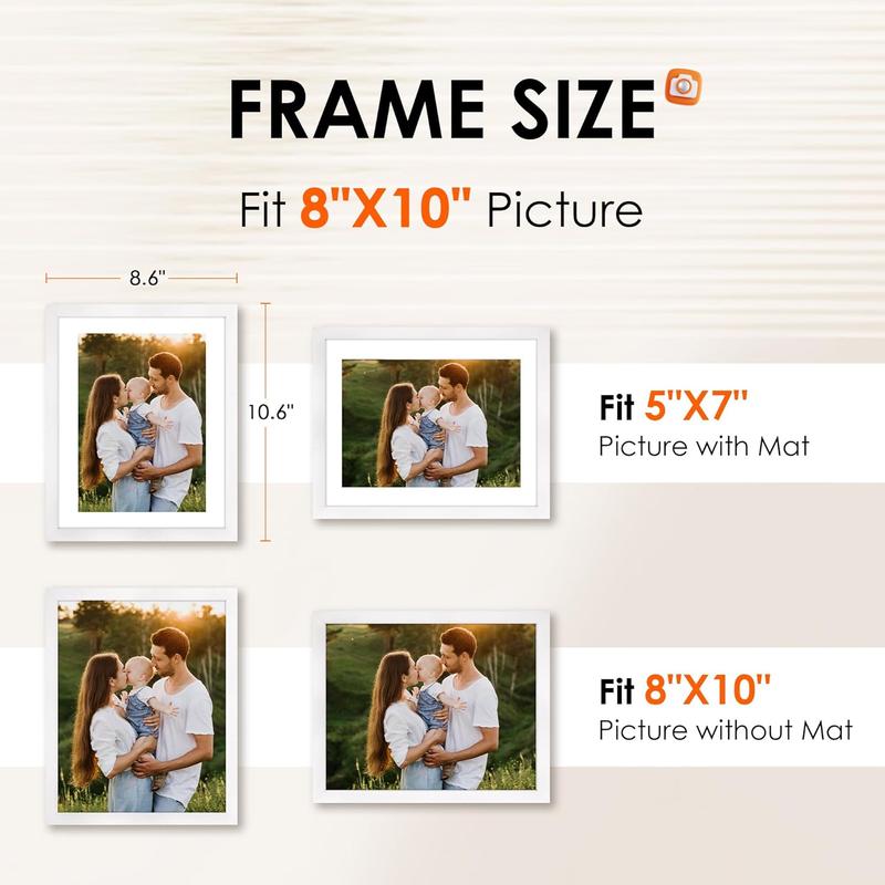 8x10 Picture Frame Set of 2, Photo Frame with HD Plexiglass, Display Pictures 5x7 with Mat or 8x10 Without Mat, White Picture Frames Collage for Tabletop or Wall Display