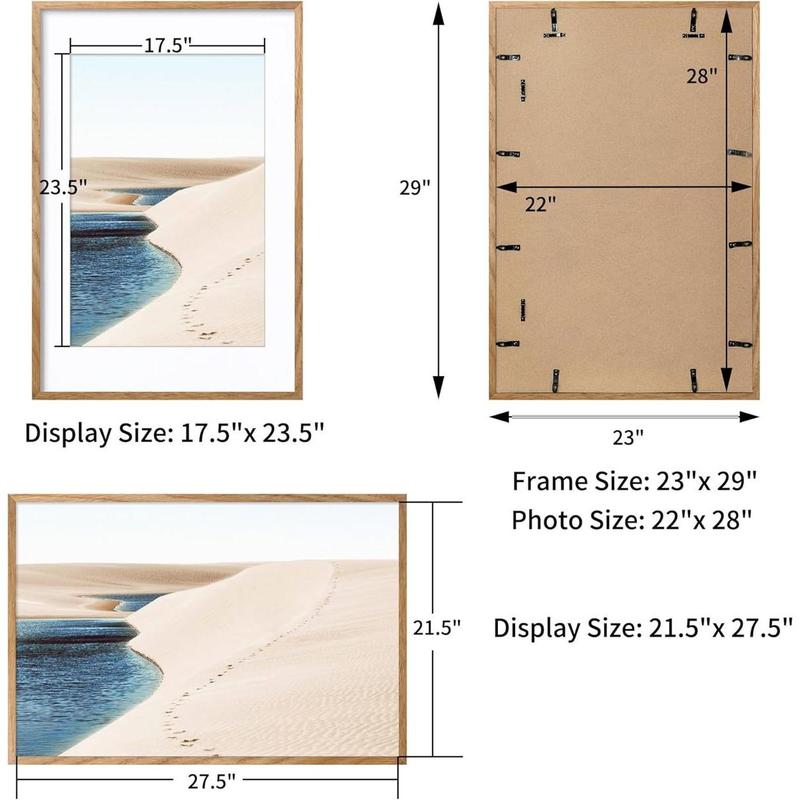 Picture Frame with Mat, Solid Oak Wood Poster Frame with Tempered Glass, Wooden Minimalist Photo Frame Puzzle Frame with Wall Hooks for Art Photo and Prints, Natural